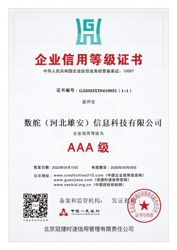 AAA信用等级认证证书
