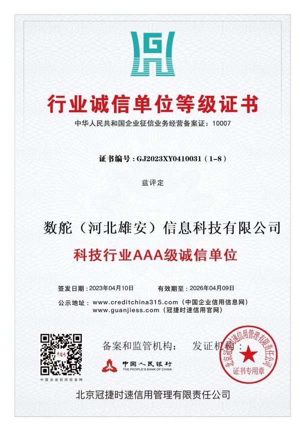 AAA信用等级认证证书