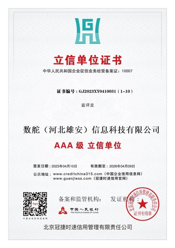 AAA信用等级认证证书