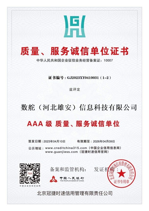 AAA信用等级认证证书