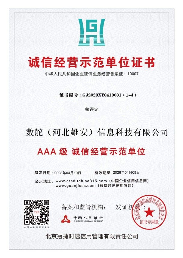 AAA信用等级认证证书