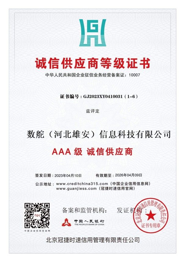 AAA信用等级认证证书